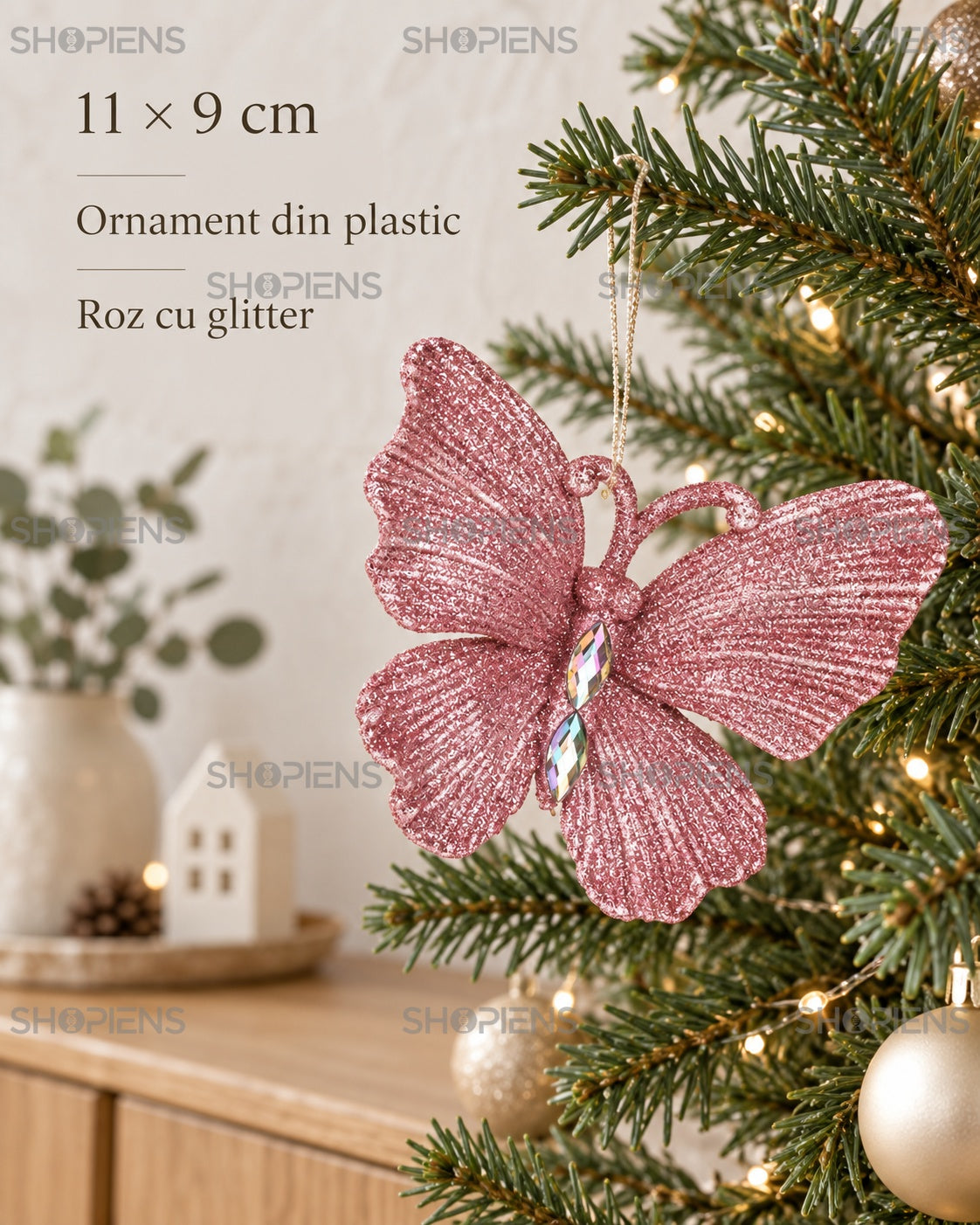 Ornament fluture roz cu glitter, 11 × 9 cm – dimensiuni și material – Shopiens
