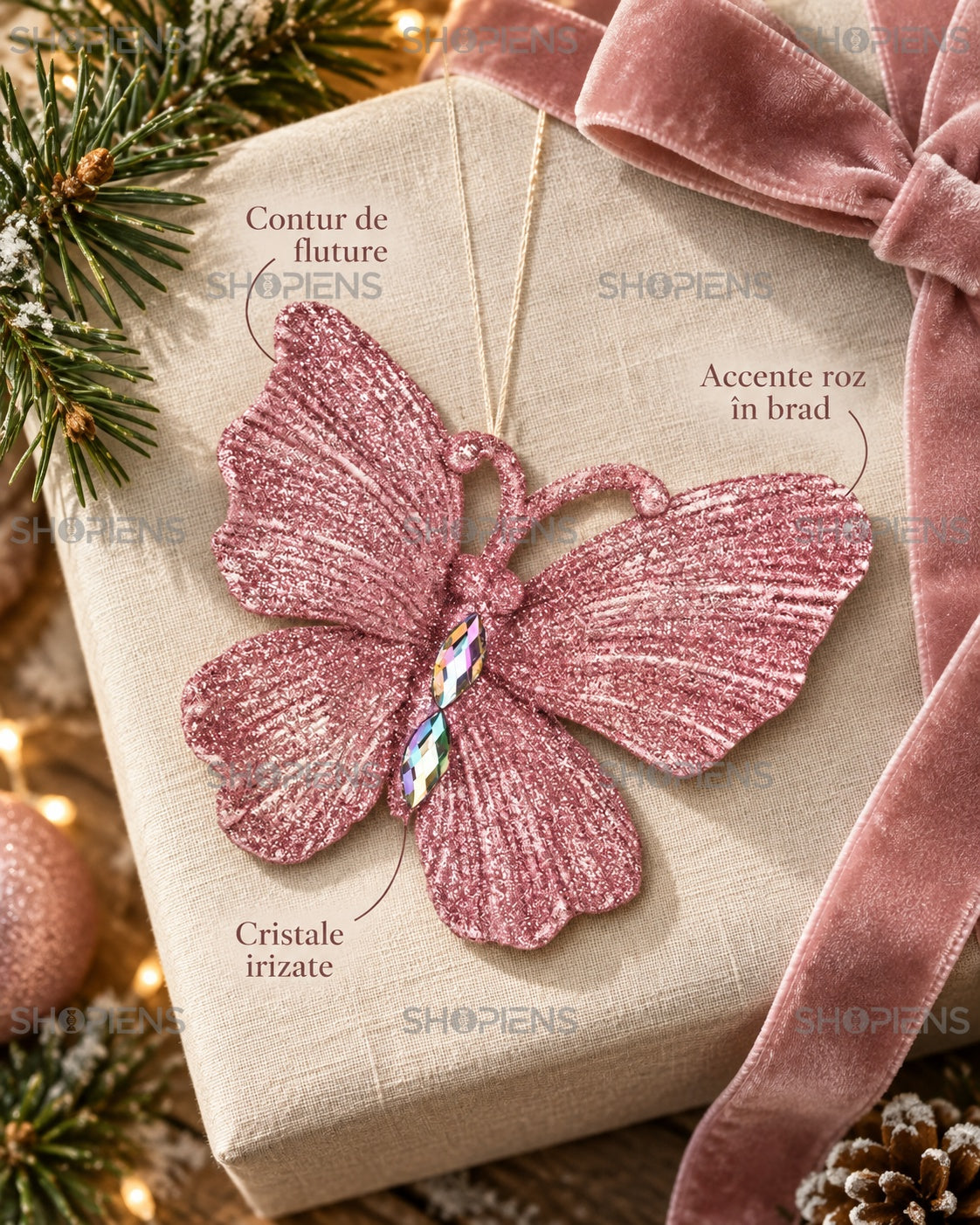 Ornament fluture roz cu glitter, 11 × 9 cm – detalii decorative – Shopiens
