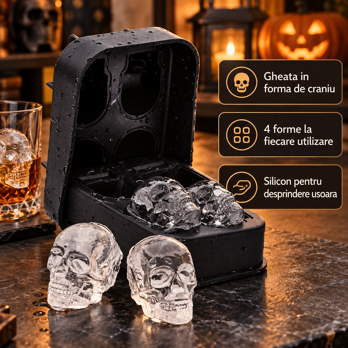 Forma Pentru Gheata Craniu, Silicon Negru, 4 Cavitati - avantaje - Shopiens
