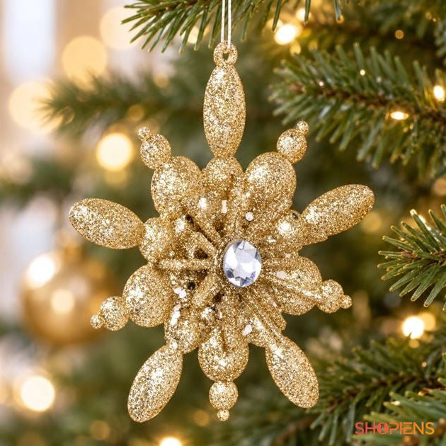 Fulg 3D șampanie cu stras și glitter, 12 cm, în brad, decor neinclus | Shopiens®