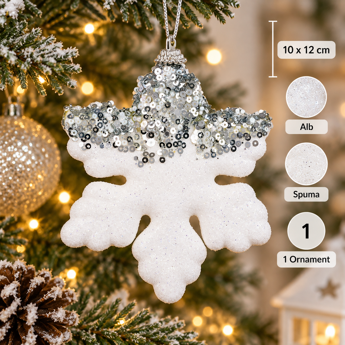 Fulg Alb Irizat Cu Paiete Pentru Brad 12 Cm - specificatii - Shopiens