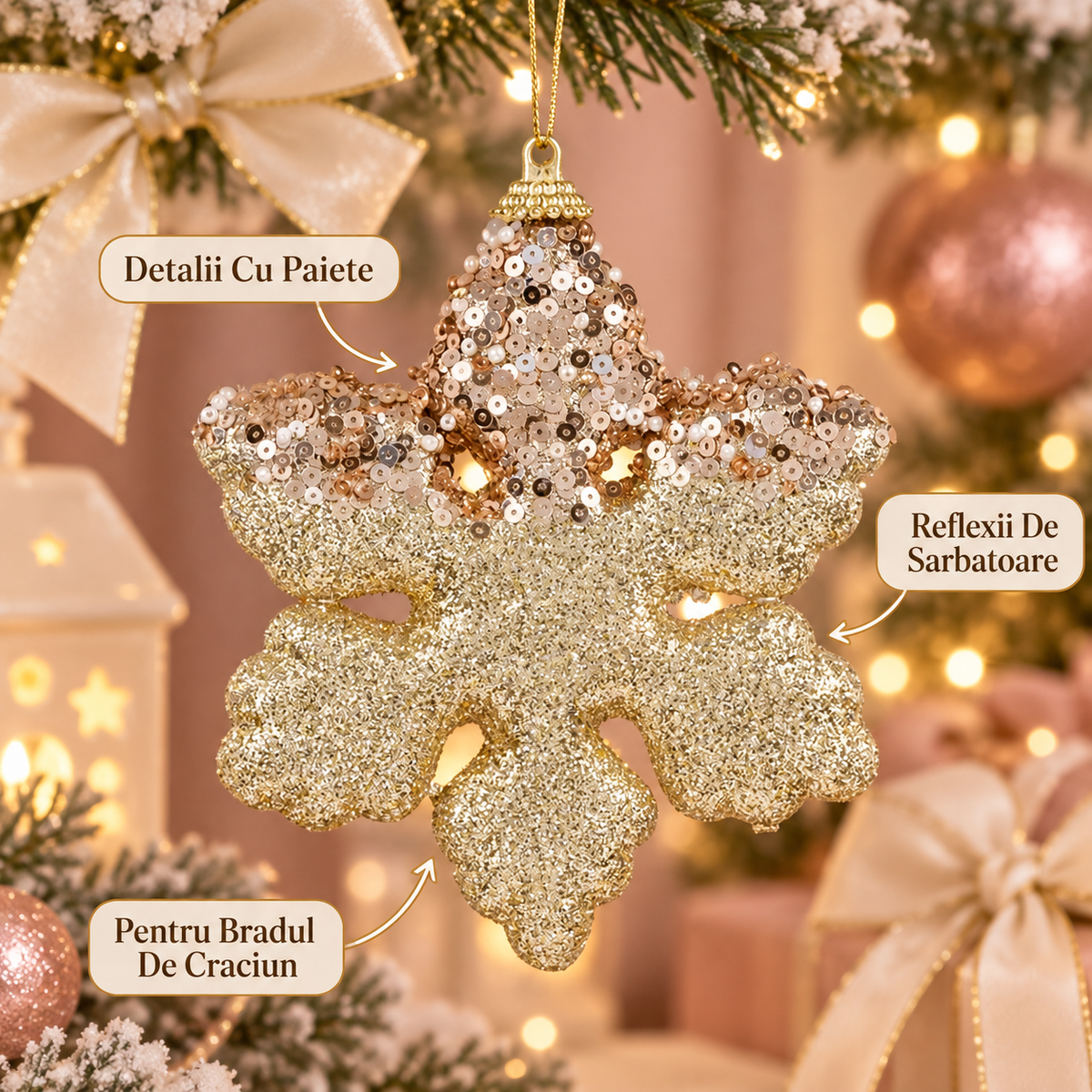 Fulg Bej Sampanie Cu Paiete Si Glitter 12 Cm - avantaje - Shopiens