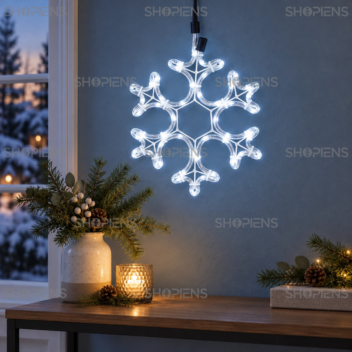 Fulg LED alb rece de 27 × 27 cm, pe perete în decor de Crăciun | Shopiens®