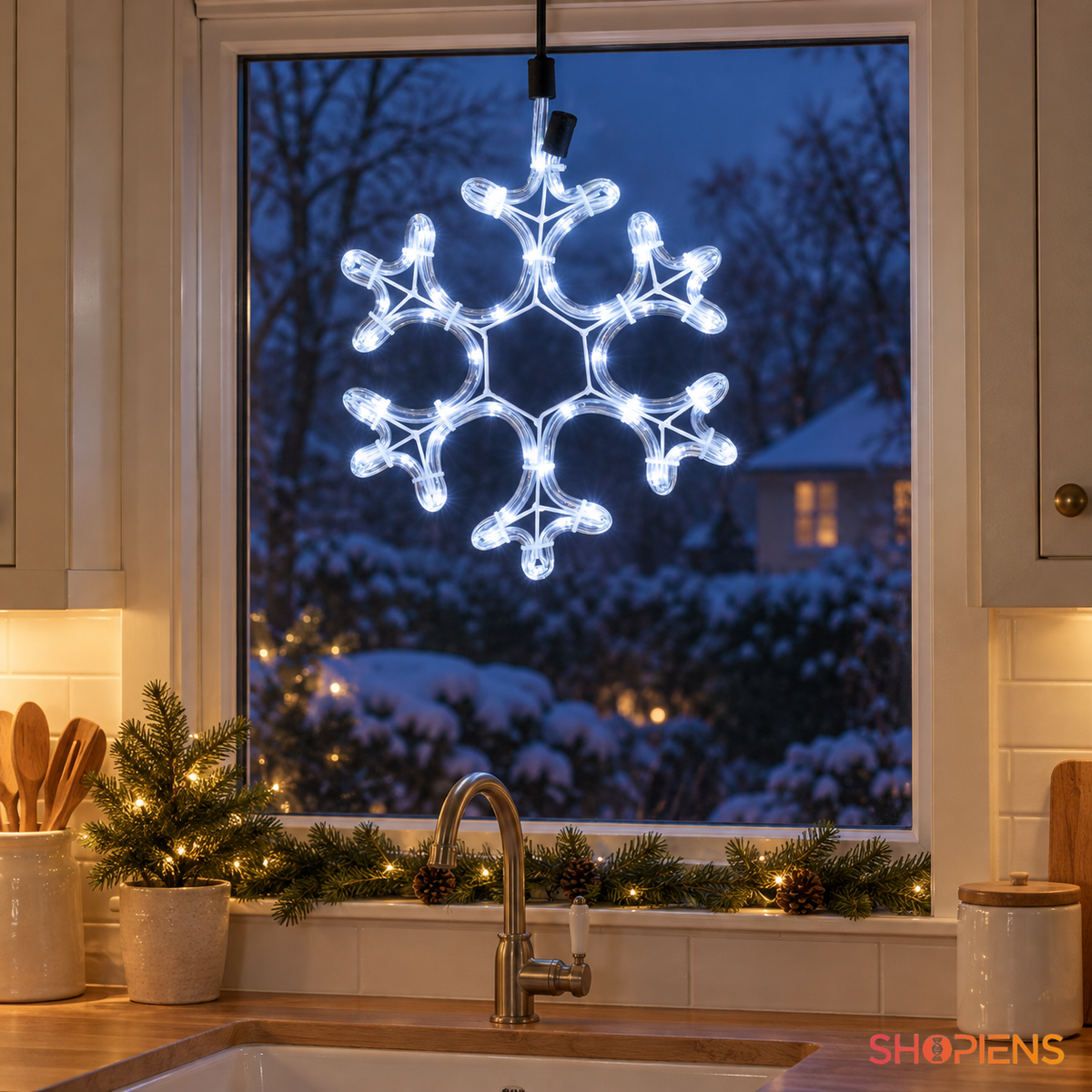 Fulg luminos LED alb rece de 27 × 27 cm, suspendat la fereastra bucătăriei | Shopiens®