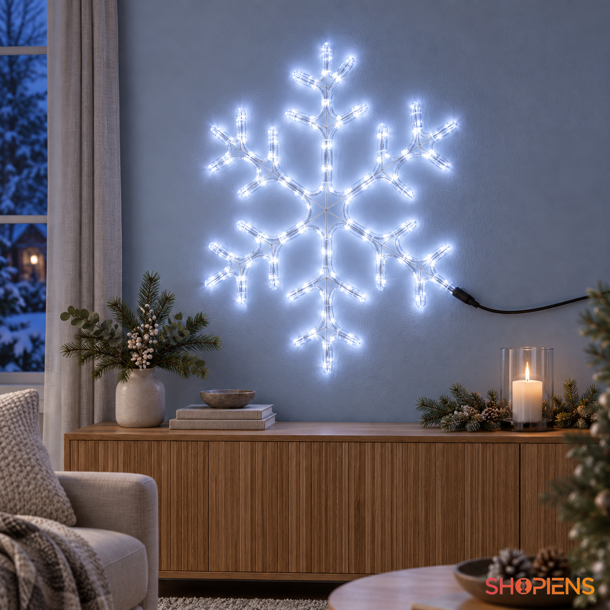 Fulg LED alb rece cu efect flash, deasupra unei console într-un living | Shopiens®