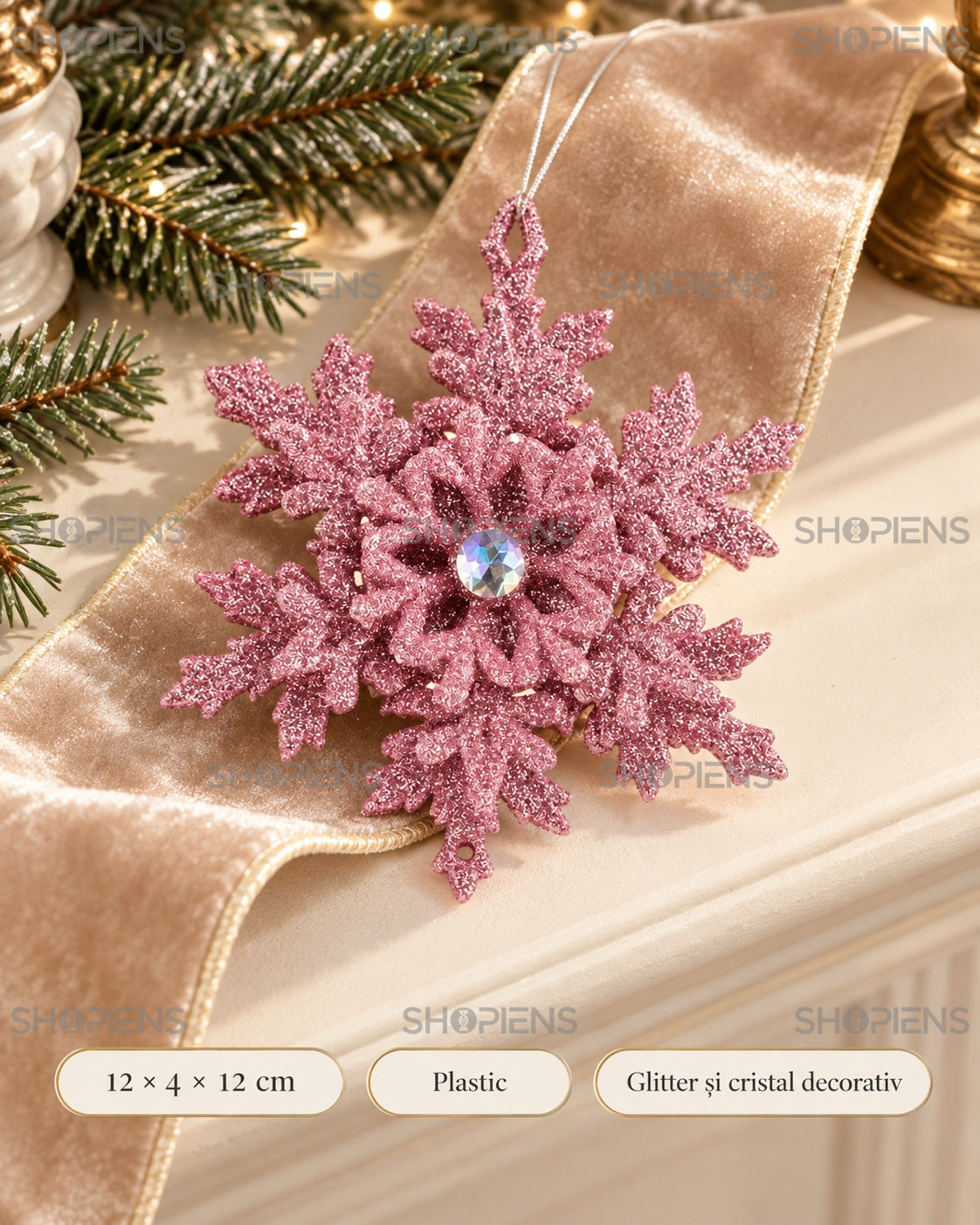 Dimensiuni și material pentru fulgul roz cu cristal – Shopiens