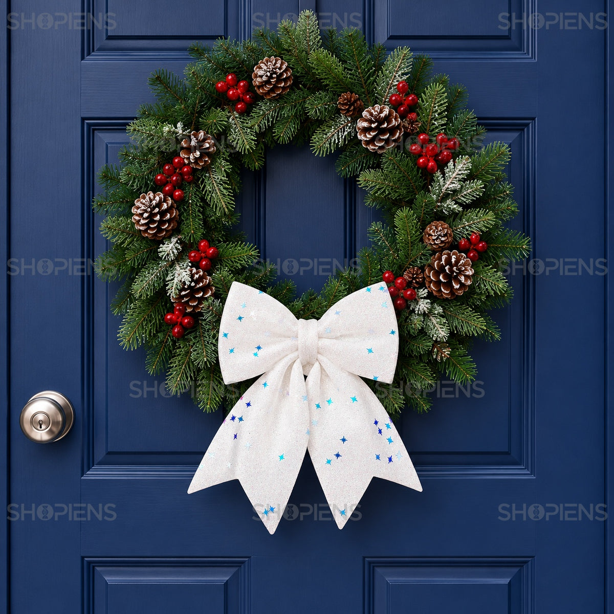 Fundă albă irizată cu glitter și stele, 28 × 20 cm, pe coroniță la intrare, decor neinclus | Shopiens®