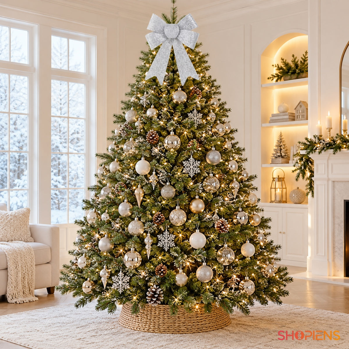 Fundă argintie cu glitter și bucle duble, 23 × 32 cm, în brad, decor neinclus | Shopiens®