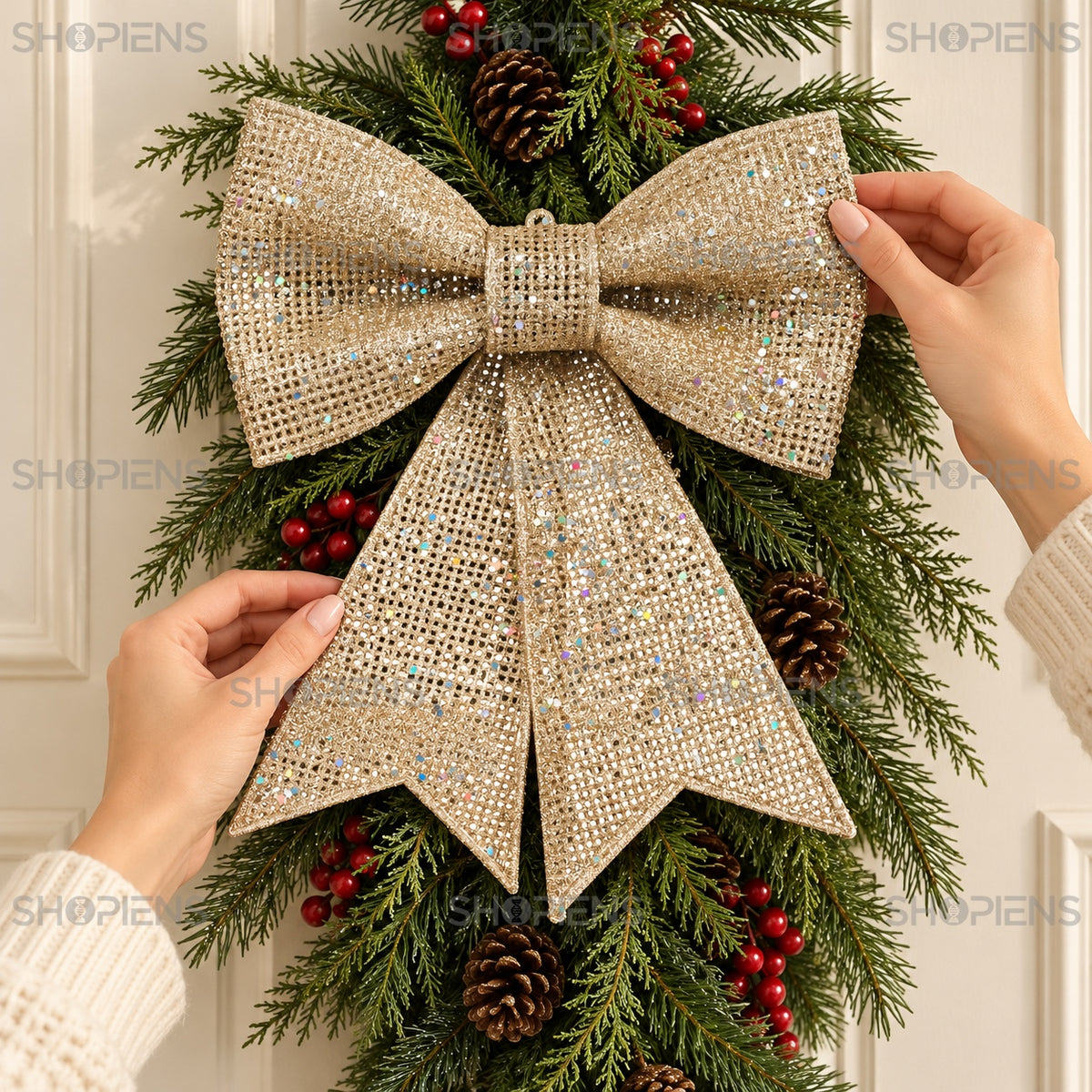 Fundă bej ajurată cu glitter, 27 × 19 cm, detaliu lifestyle, decor neinclus | Shopiens®