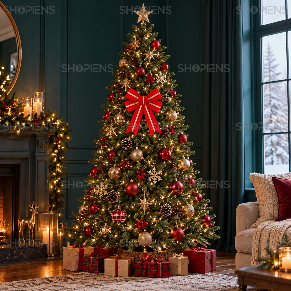 Fundă roșie catifelată cu dungă aurie, 32 cm, în brad, decor neinclus | Shopiens®