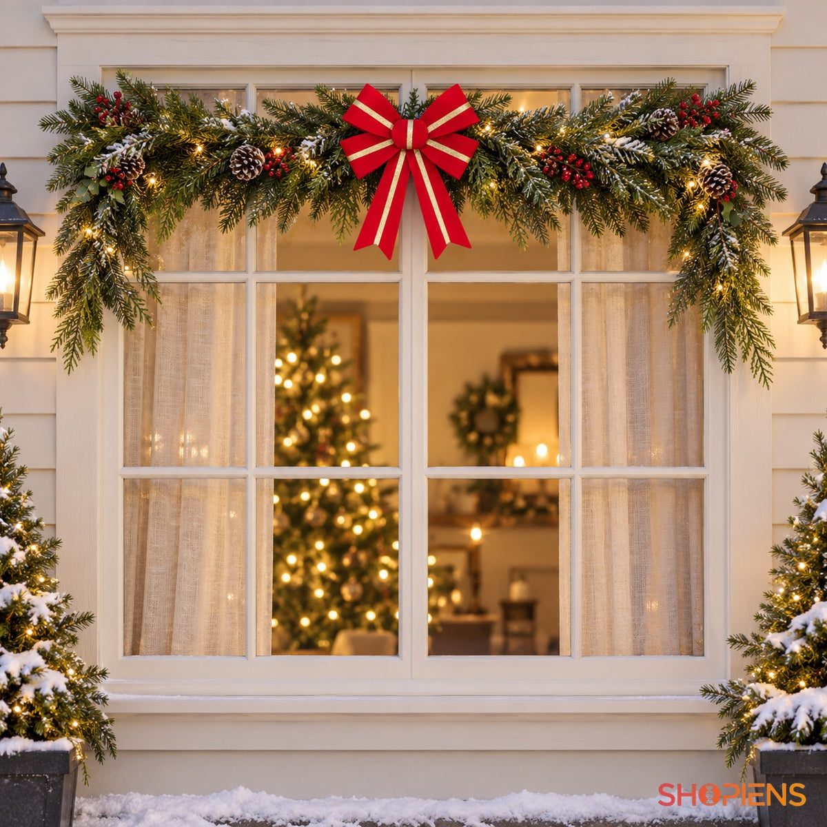 Fundă roșie catifelată cu dungă aurie, 32 cm, la fereastră, decor neinclus | Shopiens®