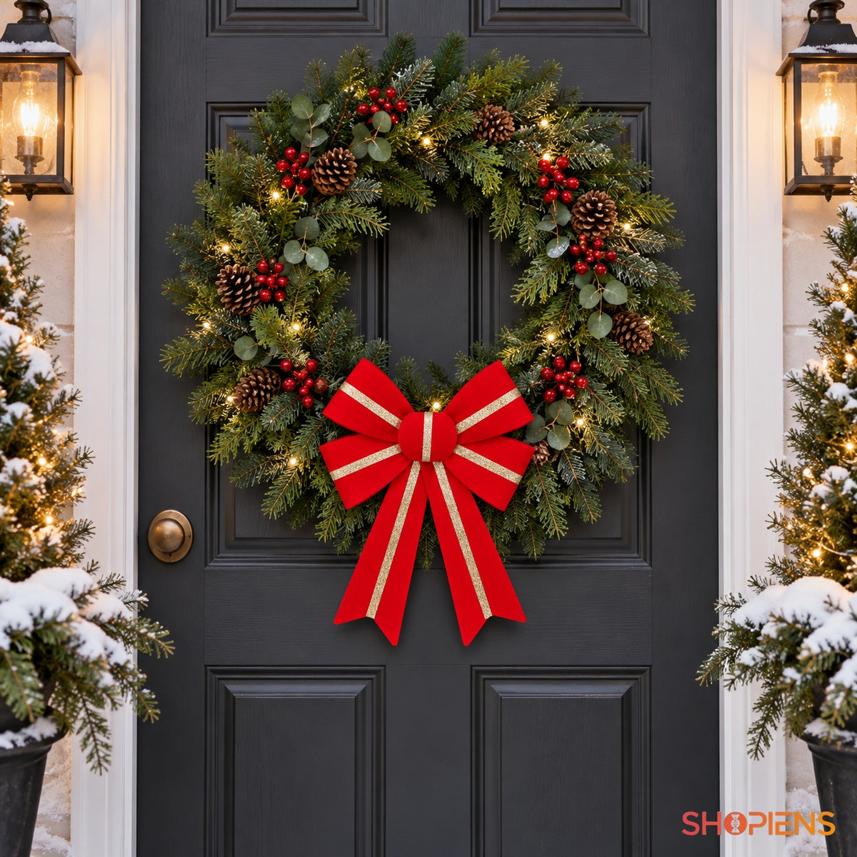 Fundă roșie cu dungă aurie, 36 × 33 cm, pe coroniță la intrare, decor neinclus | Shopiens®