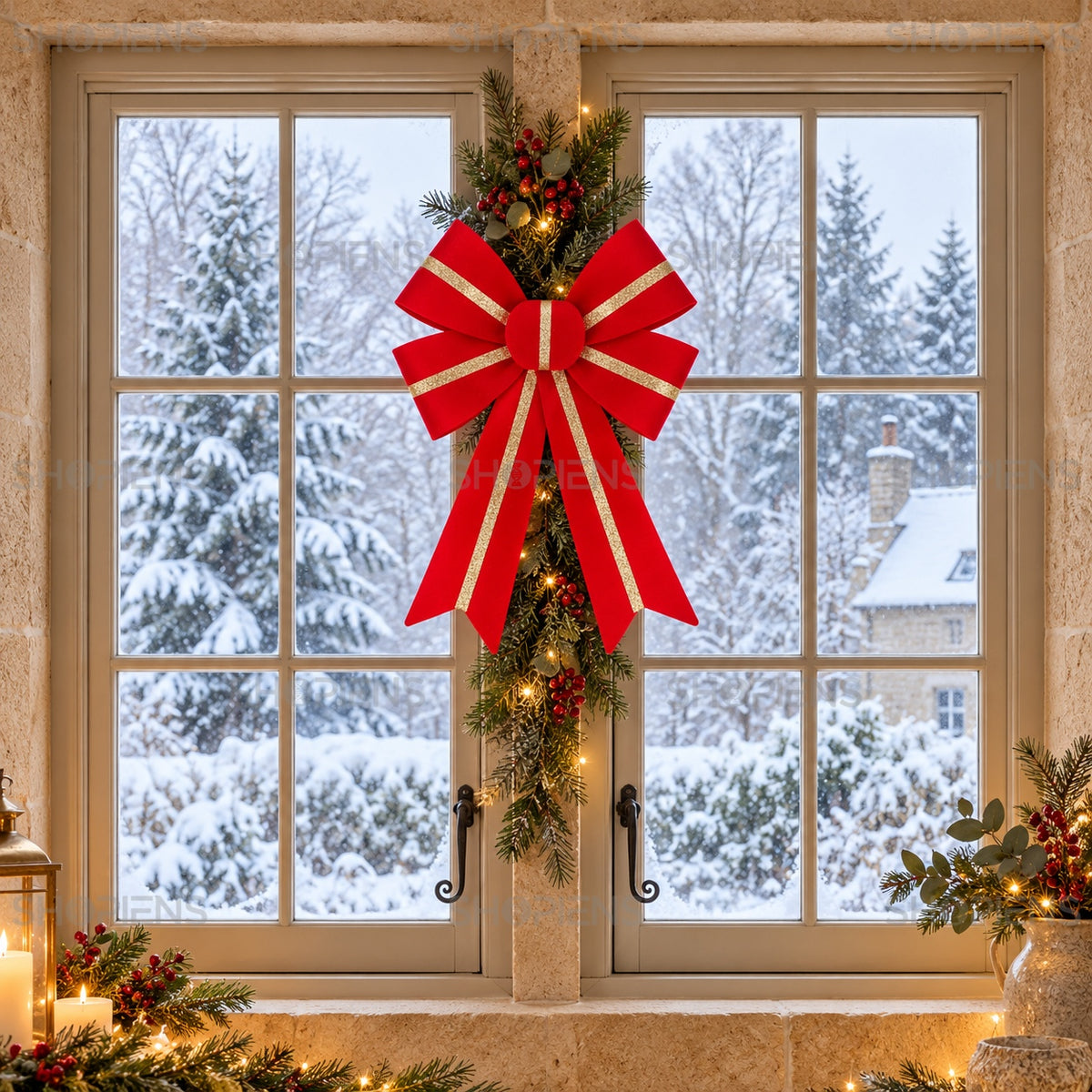 Fundă roșie cu dungă aurie, 36 × 33 cm, la fereastră, decor neinclus | Shopiens®