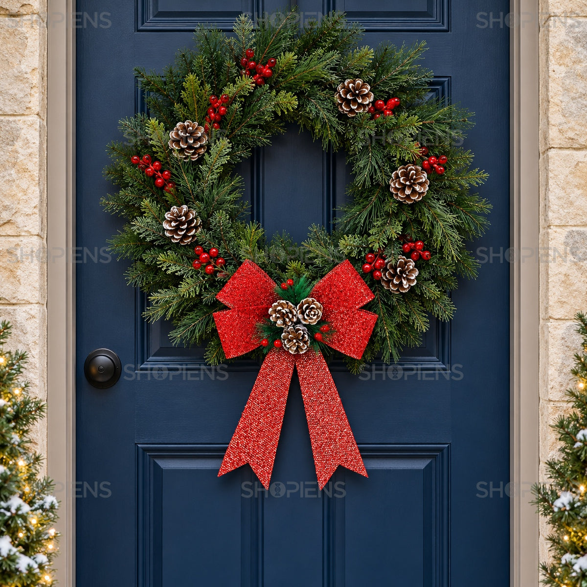 Fundă roșie din tinsel cu conuri, 32 cm, pe coroniță la intrare, decor neinclus | Shopiens®