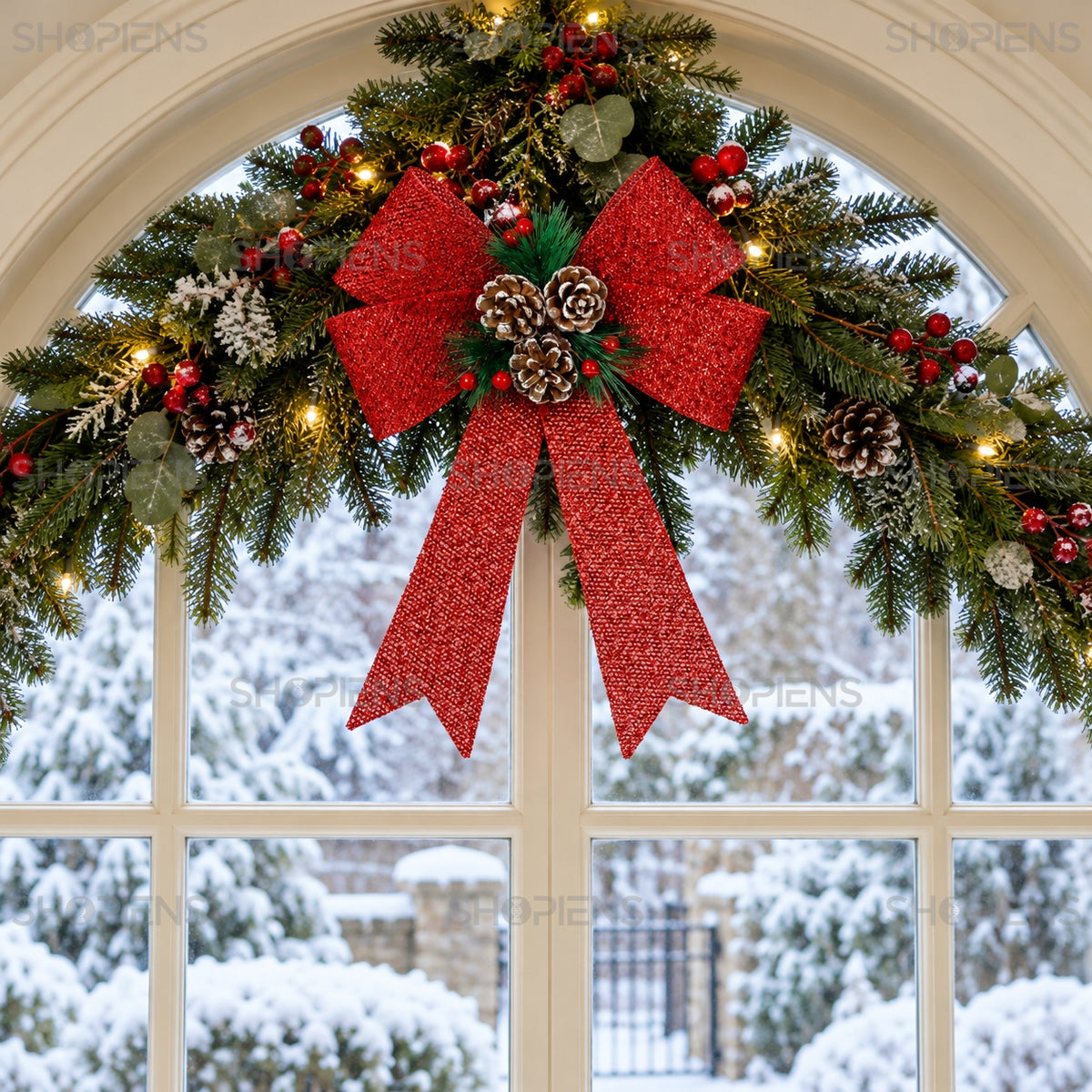 Fundă roșie din tinsel cu conuri, 32 cm, la fereastră, decor neinclus | Shopiens®