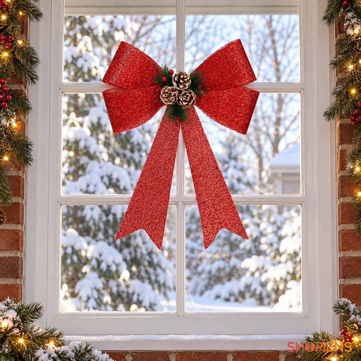 Fundă roșie din tinsel cu conuri, 47 cm, la fereastră, decor neinclus | Shopiens®
