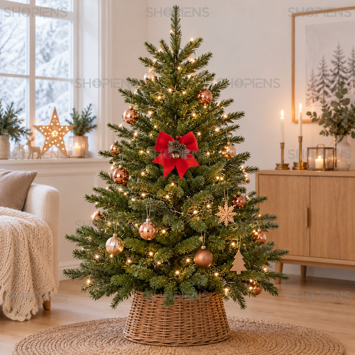 Fundiță roșie cu conuri și clopoței, 23 cm, în brad, decor neinclus | Shopiens®