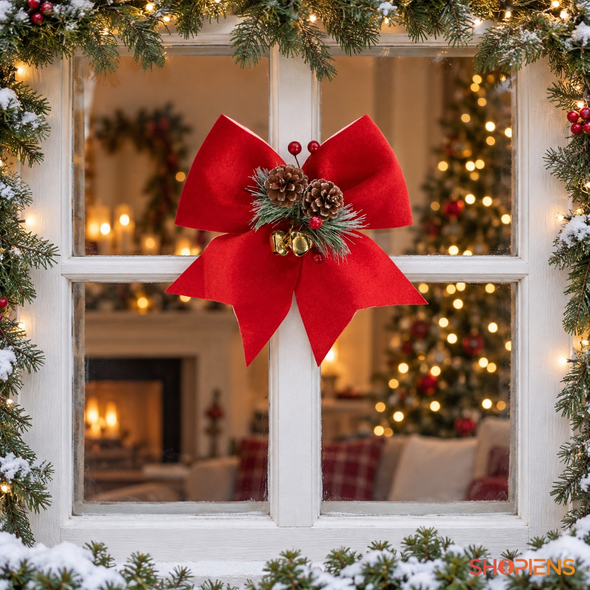 Fundiță roșie cu conuri și clopoței, 23 cm, la fereastră, decor neinclus | Shopiens®