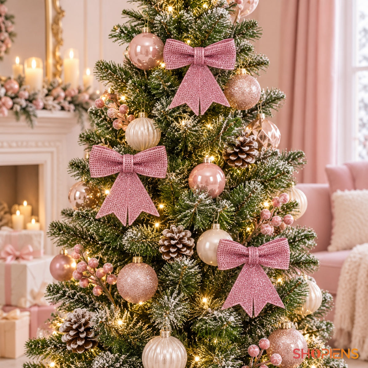 Fundiță roz ajurată cu glitter, 9,5 × 10 cm, în bradul de Crăciun, decor neinclus | Shopiens®