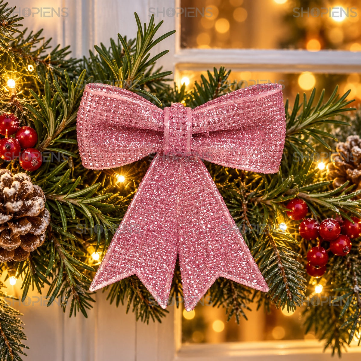 Fundiță roz ajurată cu glitter, 9,5 × 10 cm, detaliu în decor festiv, decor neinclus | Shopiens®