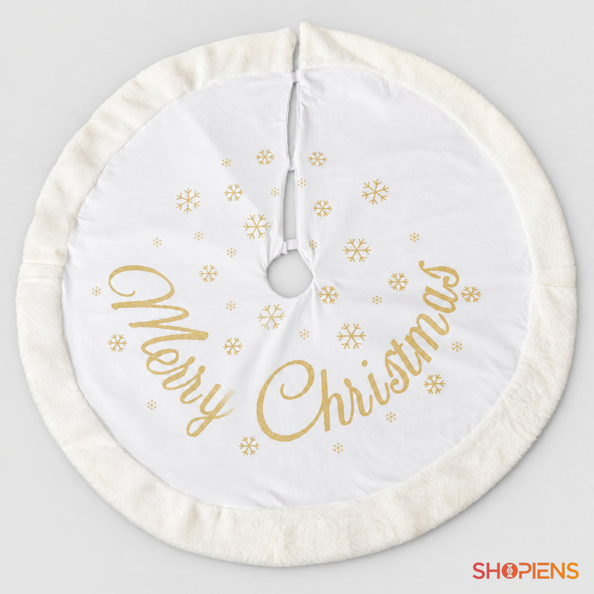 Fustă albă catifelată pentru brad Merry Christmas cu fulgi champagne, 120 cm | Shopiens
