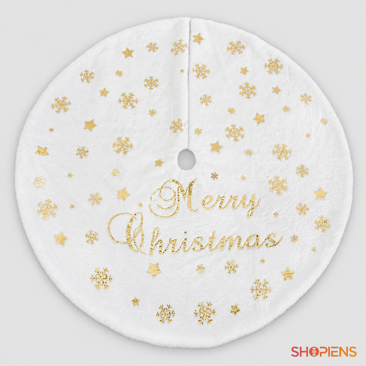 Fustă albă pentru brad Merry Christmas cu stele și fulgi aurii, 90 cm | Shopiens