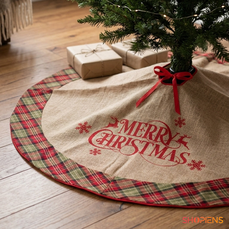 Fustă bej din iută pentru brad Merry Christmas cu carouri, 102 cm | Shopiens