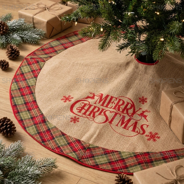 Fustă bej din iută pentru brad Merry Christmas cu carouri, 102 cm | Shopiens