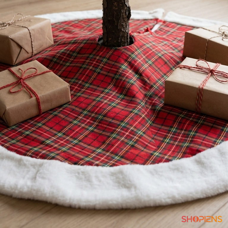 Fustă pentru brad în carouri roșii cu margine albă, 120 cm | Shopiens