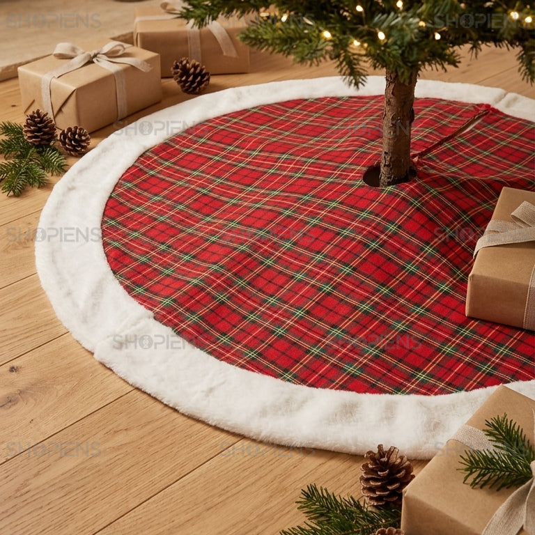 Fustă pentru brad în carouri roșii cu margine albă, 120 cm | Shopiens