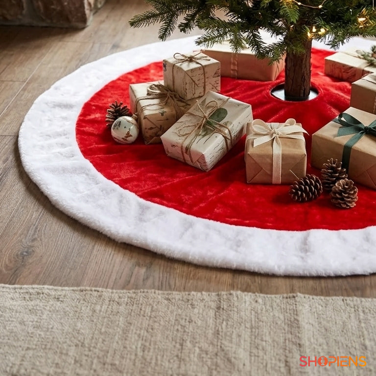 Fustă roșie catifelată pentru brad cu margine albă, 66 cm | Shopiens