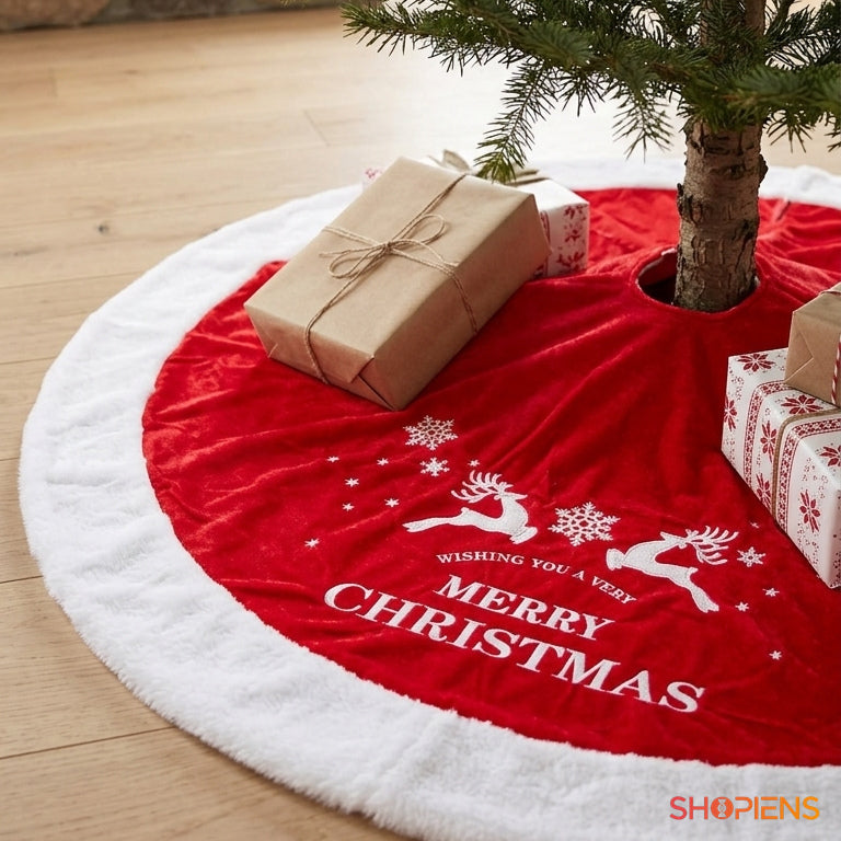 Fustă roșie catifelată pentru brad Merry Christmas cu margine albă, 90 cm | Shopiens