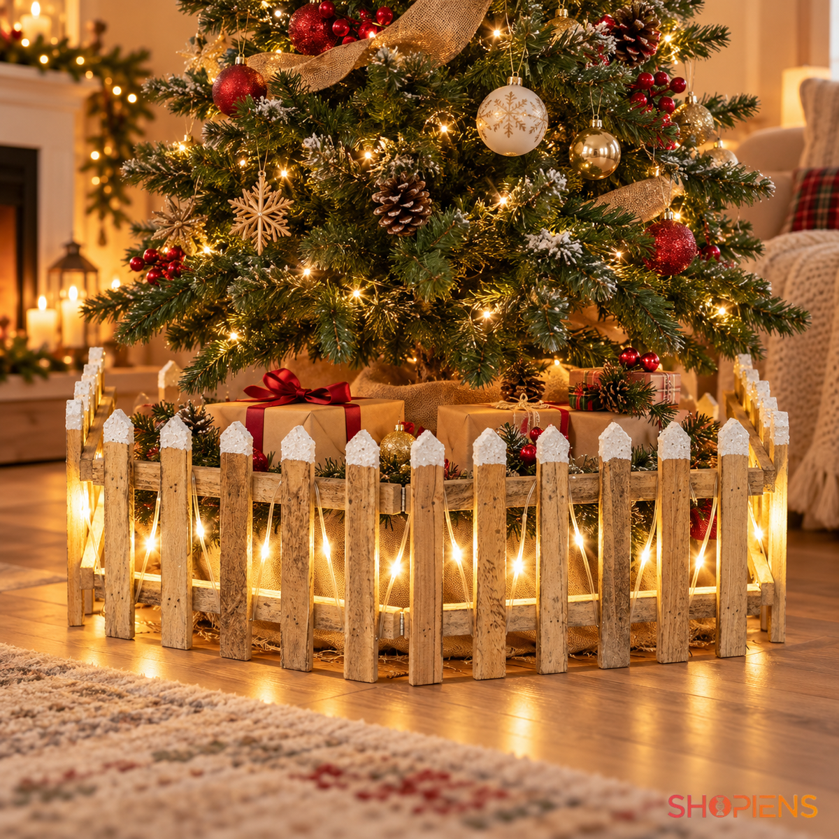 Gard decorativ nins din lemn cu 20 de LED-uri, 90 × 20 cm, în jurul bazei bradului împodobit; decor neinclus | Shopiens®
