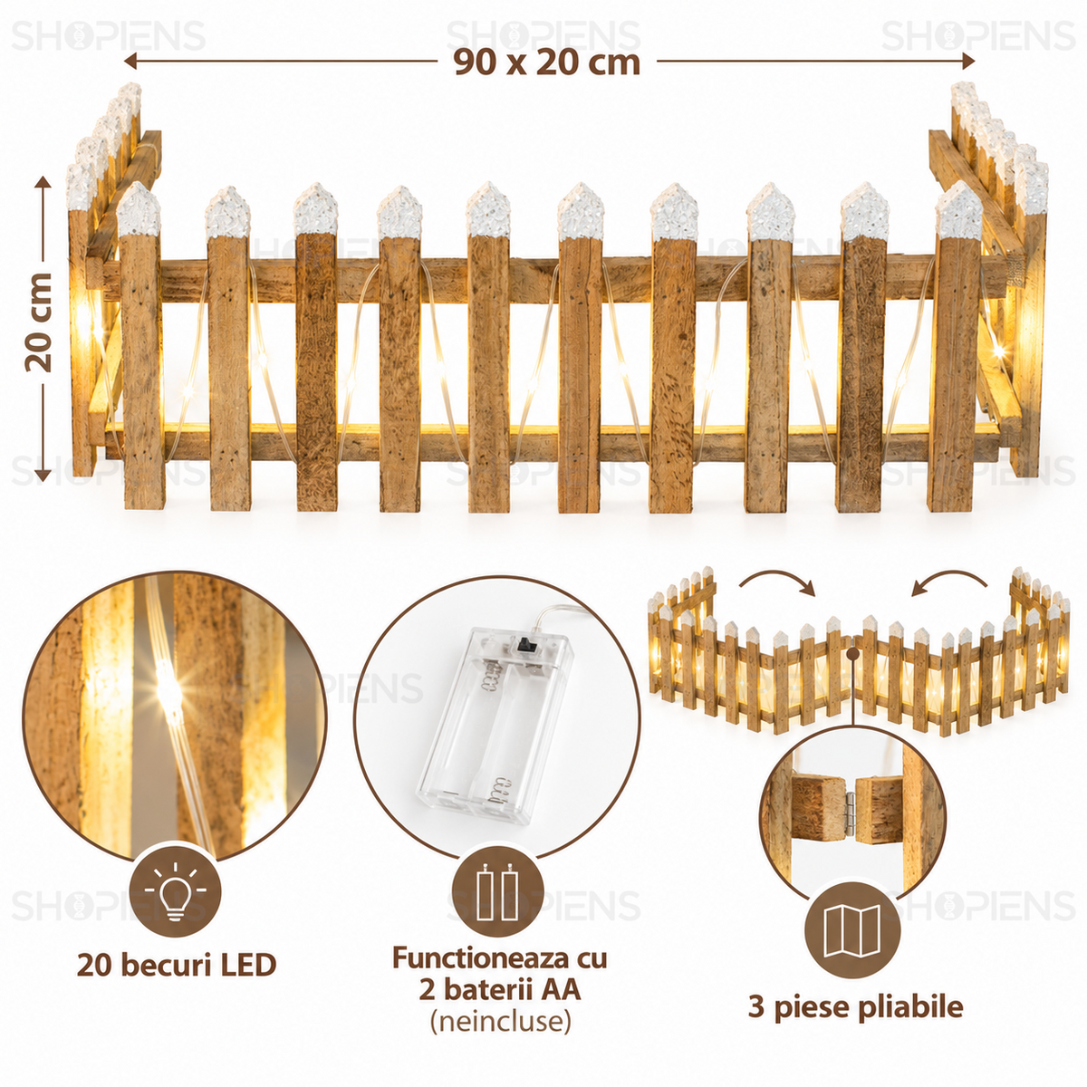 Gard nins cu 20 de LED-uri, 90 × 20 cm, dimensiuni, trei segmente pliabile și alimentare cu două baterii AA; decor neinclus | Shopiens®