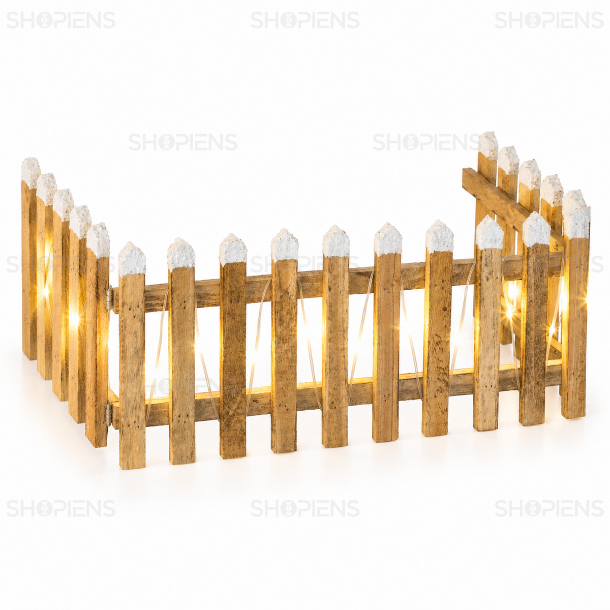 Gard decorativ nins din lemn cu 20 de LED-uri aprinse, văzut din unghi pe fundal alb | Shopiens®