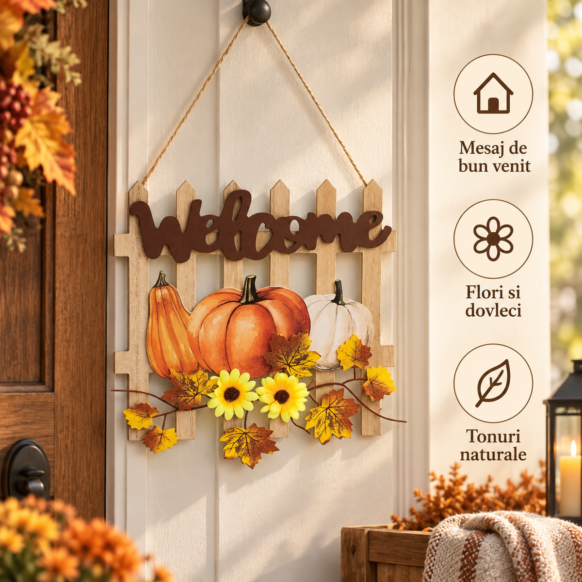 Gardulet Decorativ Welcome Cu Dovleci Si Flori Galbene - avantaje - Shopiens