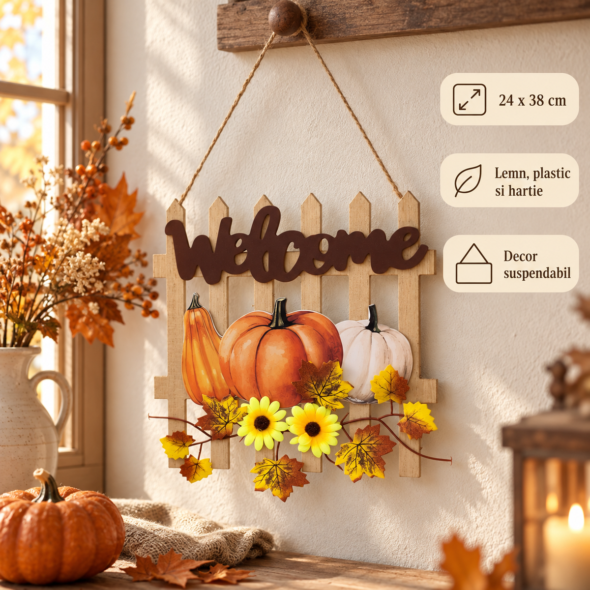 Gardulet Decorativ Welcome Cu Dovleci Si Flori Galbene - specificatii - Shopiens