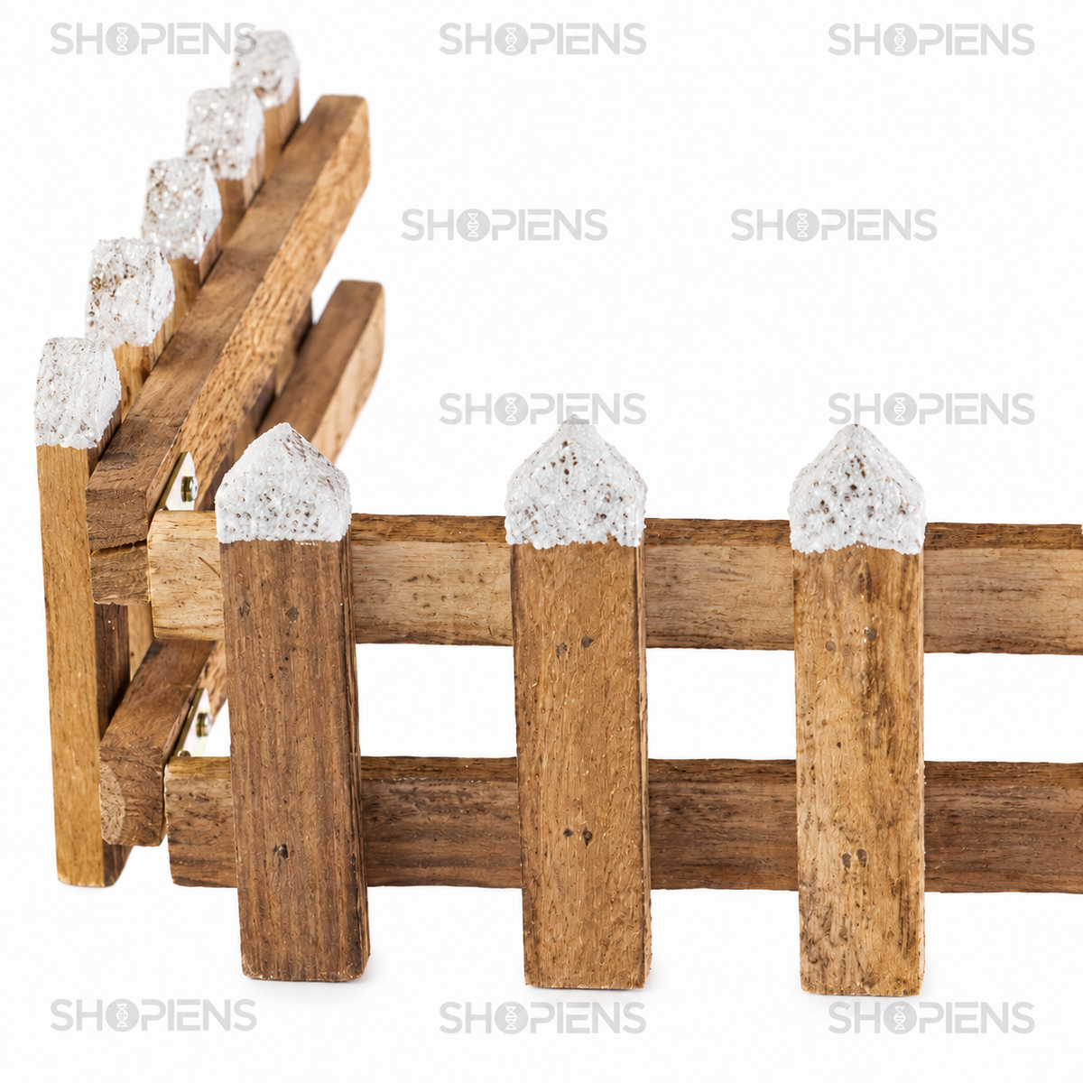 Detaliu al lemnului natur, vârfurilor ninse și balamalelor gărdulețului decorativ | Shopiens®