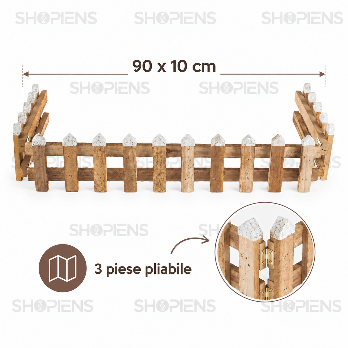 Gărduleț nins din lemn natur, 90 × 10 cm, cu dimensiuni și detaliul celor trei segmente pliabile; decor neinclus | Shopiens®