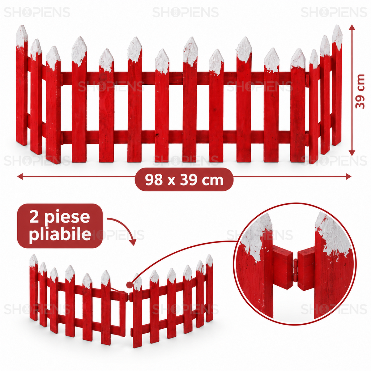 Gărduleț roșu cu vârfuri ninse, cu dimensiuni de 98 × 39 cm și detaliul celor două segmente pliabile; decor neinclus | Shopiens®