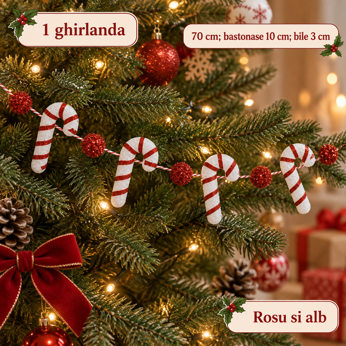 Ghirlanda Cu Bastonase Si Bile Rosii, 70 Cm - specificatii - Shopiens