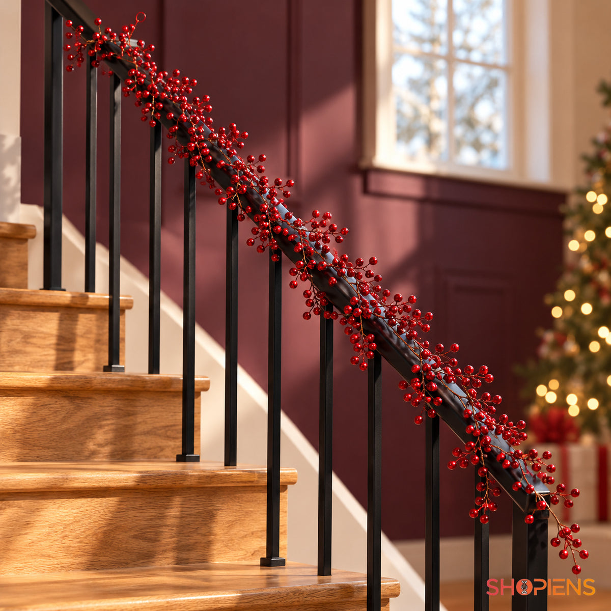 Ghirlandă cu fructe roșii decorative, 1,85 m x 8 cm, montată pe balustrada scării, decor neinclus | Shopiens®