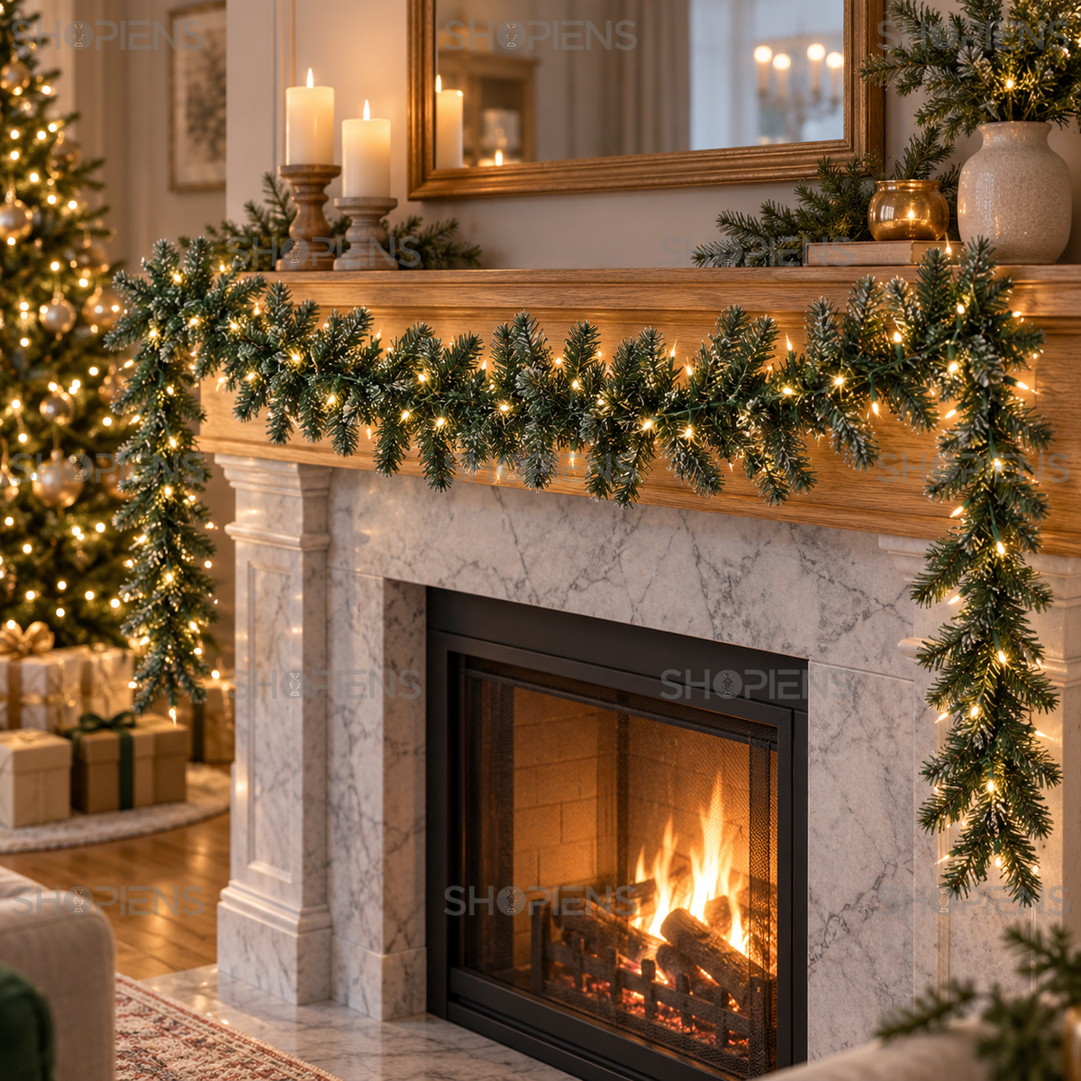 Ghirlandă ninsă cu 60 de LED-uri, 270 × 17 cm, montată pe marginea șemineului, decor neinclus | Shopiens®