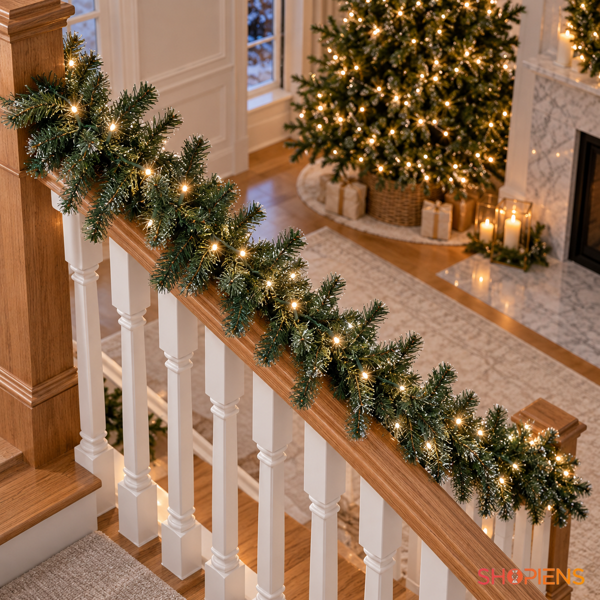 Ghirlandă ninsă cu 60 de LED-uri, 270 × 17 cm, montată pe balustrada scării, decor neinclus | Shopiens®