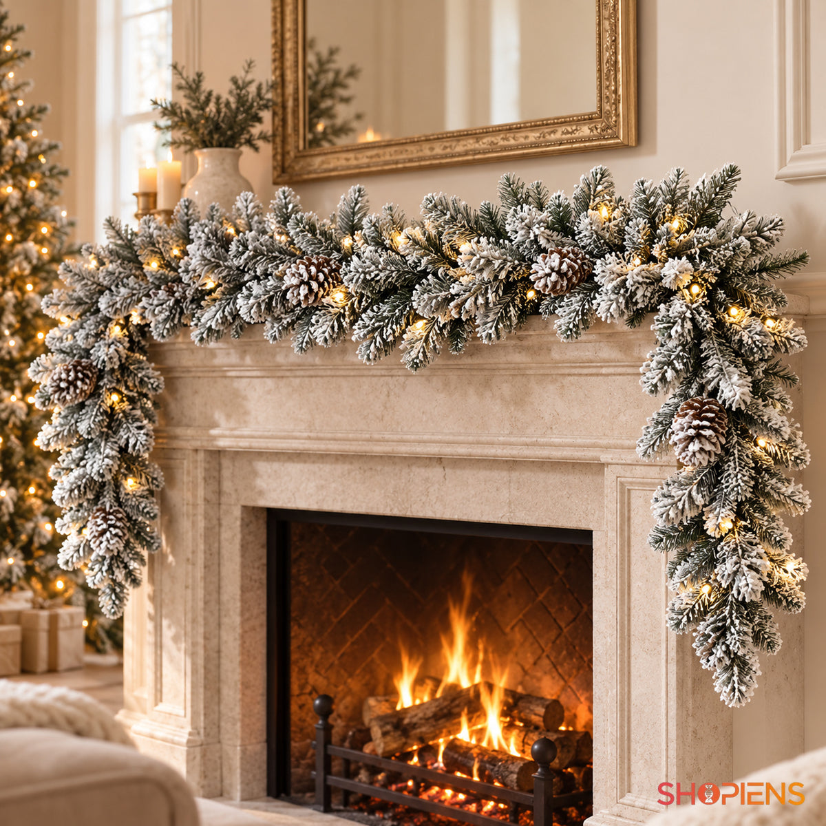 Ghirlandă ninsă cu conuri și 60 de LED-uri, 2,7 m, fixată pe marginea șemineului, decor neinclus | Shopiens®