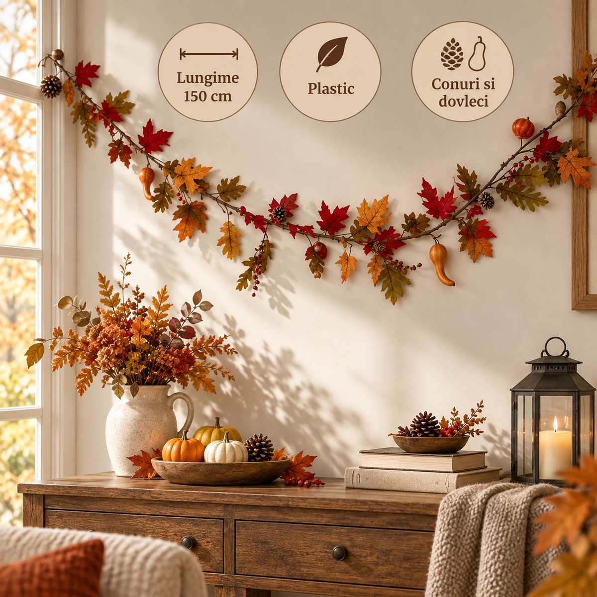 Ghirlanda Rustica Cu Dovleci, Conuri Si Frunze, 150 Cm - specificatii - Shopiens