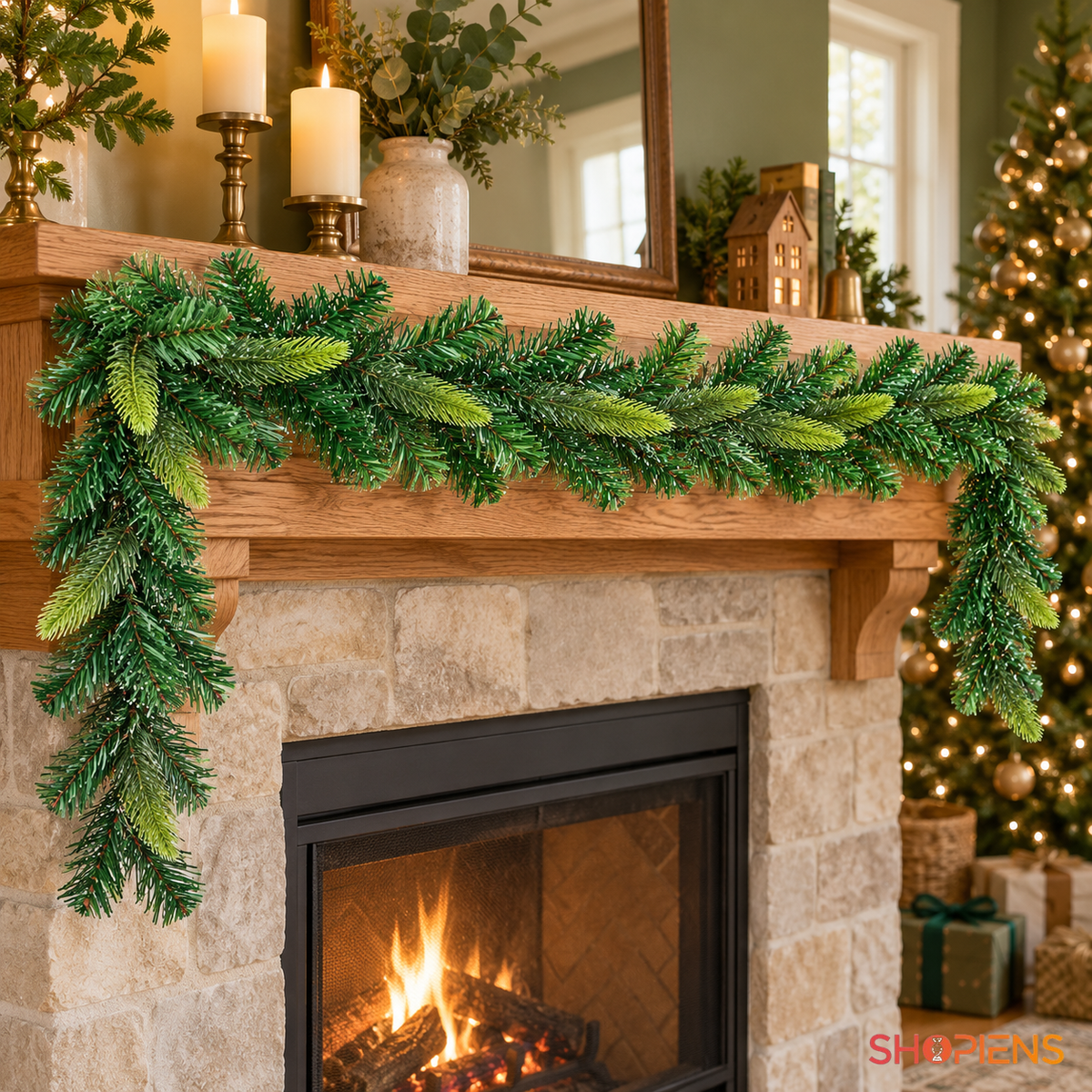 Ghirlandă verde cu 138 de ramuri, 270 × 10 cm, montată pe marginea șemineului, decor neinclus | Shopiens®