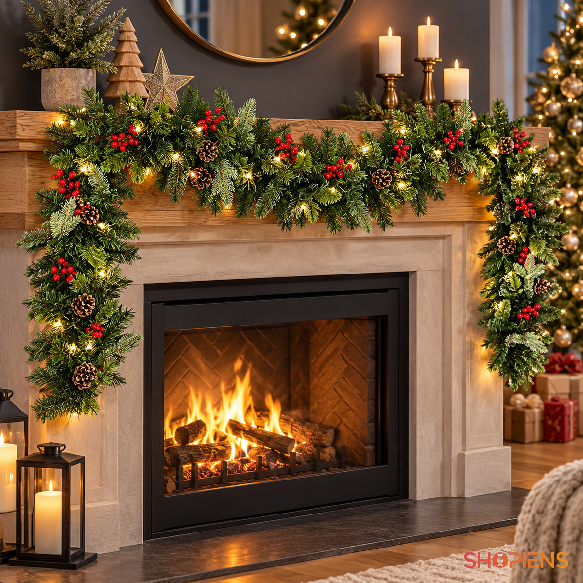 Ghirlandă verde cu 250 de ramuri și 60 de LED-uri, 270 cm, montată pe marginea șemineului, decor neinclus | Shopiens®