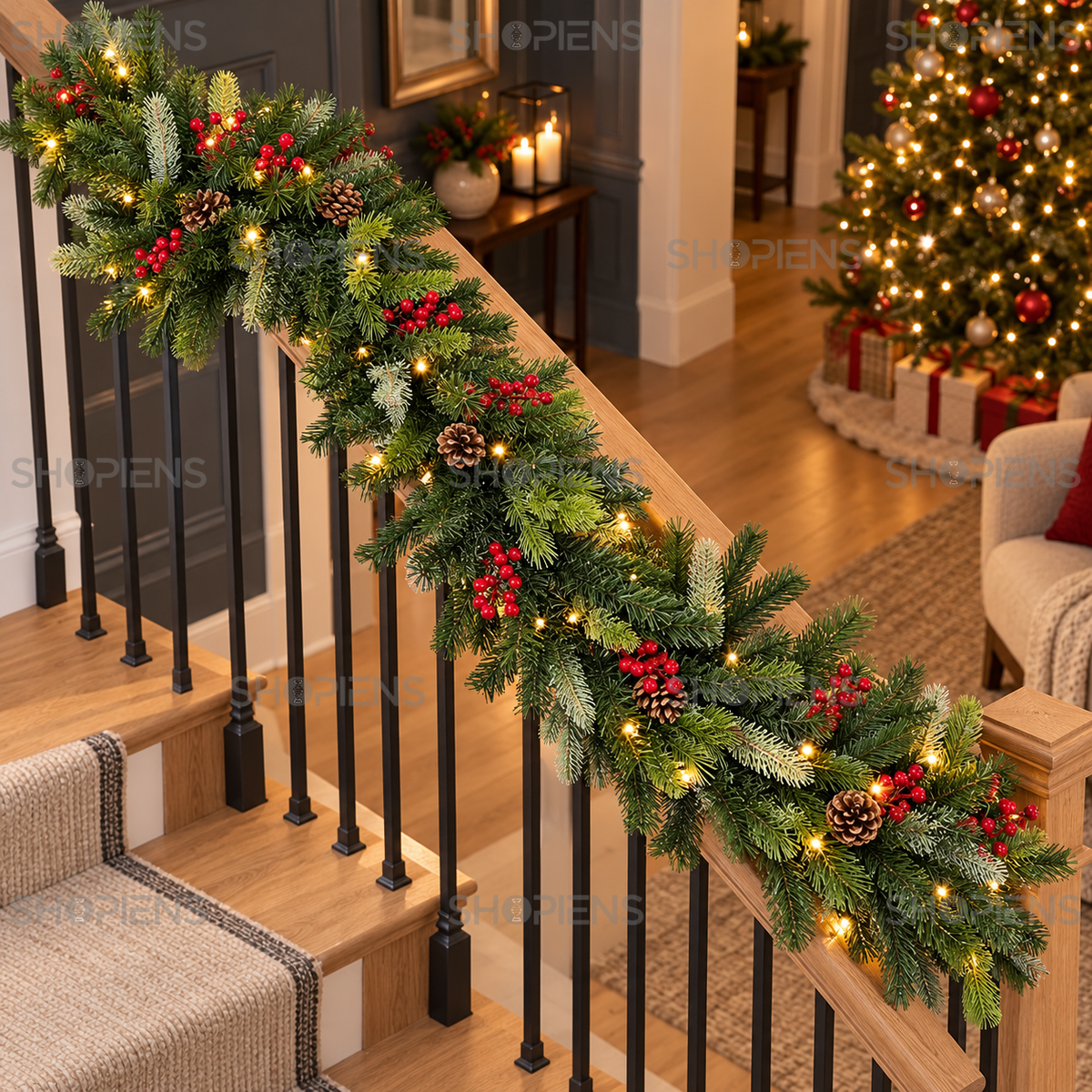 Ghirlandă verde cu 250 de ramuri și 60 de LED-uri, 270 cm, montată pe balustrada scării, decor neinclus | Shopiens®