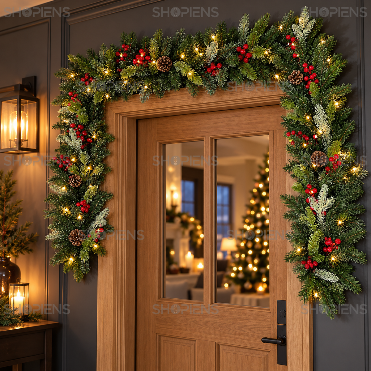 Ghirlandă verde cu 250 de ramuri și 60 de LED-uri, 270 cm, montată la intrare, decor neinclus | Shopiens®